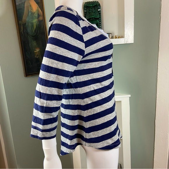 Little Yellow Button Anthropologie Navy Gray Striped Tee T Shirt Top Blouse L - Picture 6 of 10